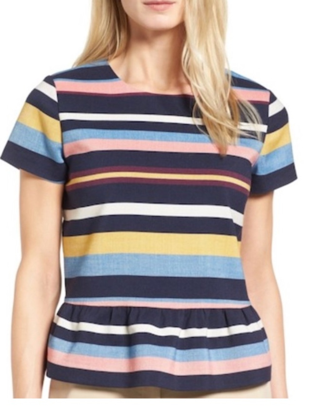 Halogen Multicolor Striped Peplum Top Short Sleeve Size M